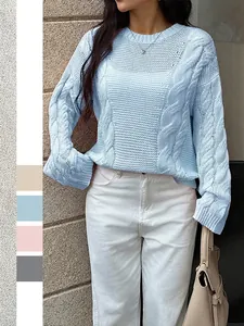 Women Cable Knit Sweater Pullover Crew Neck Long Sleeve Loose Fit Casual Solid Color Warm Knitwear For Autumn Winter