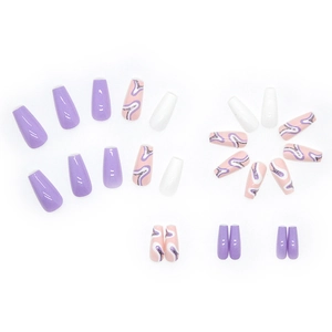 Glossy purple and white marble press-on nails with silver glitter in coffin shape