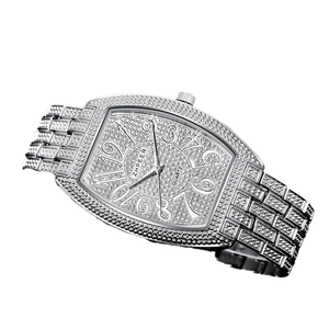 Men's silver quartz watch with full iced-out rhinestone dial and tonneau case