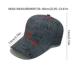 Detailed size guide for grey graffiti baseball cap with brim and height dimensions