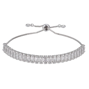 Adjustable silver bracelet with rectangular clear cubic zirconia and sliding pull clasp