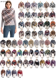 Detailed catalog of 58 classic plaid triangle scarves with fringe in assorted colors