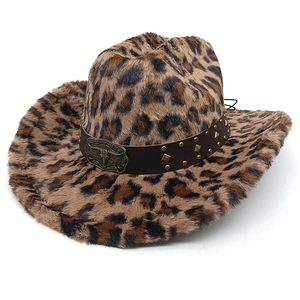 Women's leopard print plush cowboy hat with studded leather band and vintage buckle