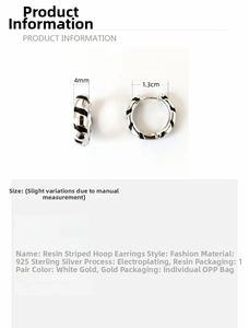 Detailed view of 925 sterling silver hoop earrings with black enamel texture and dimensions