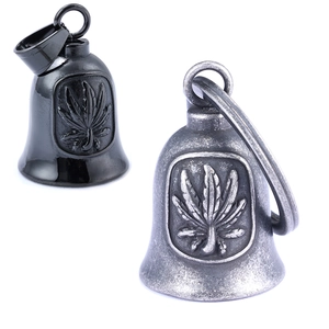 Detail of maple leaf embossed bell pendants in glossy black and vintage silver steel