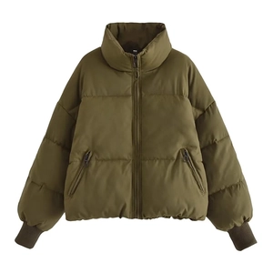 Detail of army green puffer jacket showing stand collar and smooth polyester fabric