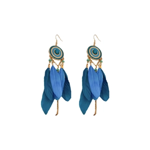 Bohemian feather tassel drop earrings with blue beads and vintage gold geometric design