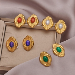Vintage gold stainless steel earrings set with pearl and colorful gemstone inlays