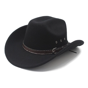 Classic black felt western cowboy hat with wide brim and brown decorative leather band