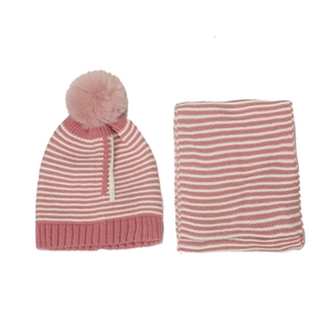 Pink and white striped knit hat and scarf set with soft faux fur pom pom decoration