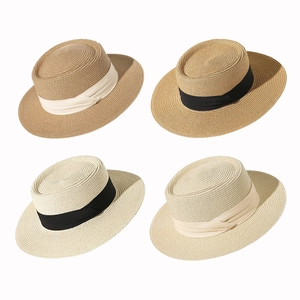 Cappello Paglia Boater Da Donna Spiaggia Estate Protezione Solare Tesa Larga Nastro Decorativo Piatto Casual Viaggio