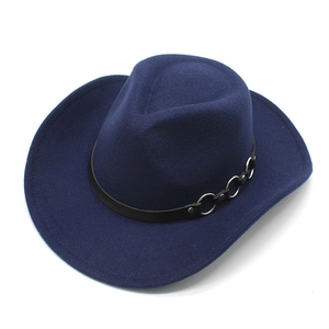Classic dark blue wool felt cowboy hat with leather band and metal ring accents