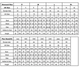 Detailed evening dress size chart showing bust, waist and hip measurements for all sizes