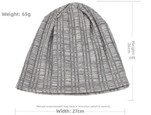 Detail of gray striped knitted beanie showing measurements: 26cm height by 27cm width