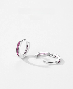 Close-up of S925 silver hoop earrings with channel-set pink rectangular zircons