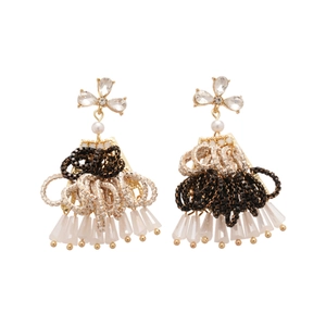 Bohemian chandelier earrings with crystal flowers, pearls, and pink teardrop beads