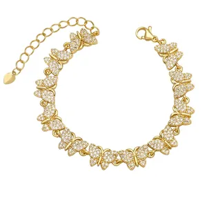 Gold butterfly link bracelet with micro-paved zircons and adjustable lobster clasp