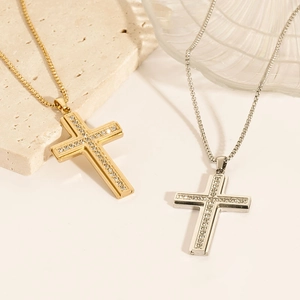 Rhinestone Cross Pendant Necklace 304 Stainless Steel Religious Jewelry For Women Men Elegant Fashion Accessory