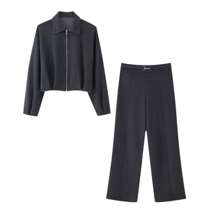 Damen Twill Jacke Und Weite Hose Einfarbig Lässig Chic Streetwear Herbstanzug Anthrazit