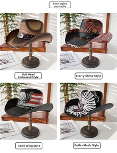 Détails de quatre styles de chapeaux de cow-boy avec emblèmes métalliques et textures