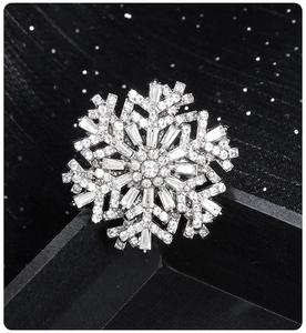 Detailed view of silver rotating snowflake brooch with sparkling crystal rhinestones