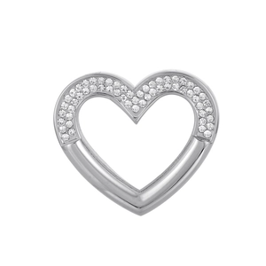 Elegant silver heart pendant with side diamond pavé and open metal design on white background