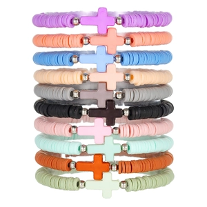 Detailed close-up of 10-piece colorful heishi bead cross bracelets in various vibrant colors