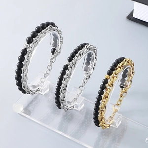 Double-layered men's bracelet set with black onyx beads and silver/gold steel chain links