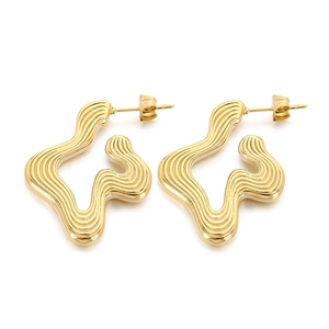 Golden titanium steel stud earrings with irregular wavy texture and fluid art design
