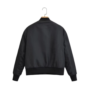 Back view of black shiny bomber jacket with ribbed hem and stand collar for women