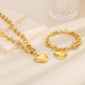 Golden stainless steel heart necklace and bracelet set with OT toggle clasp and chunky chain