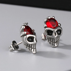 Gothic titanium steel skull earrings with red crystal stone in punk rock style