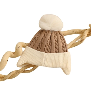 Winter double-layer cable knit baby beanie with earflaps and plush pom-pom in khaki beige