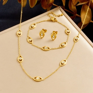 Evil Eye Jewelry Necklace Bracelet And Earrings Stainless Steel Gold Plated Zircon Rhinestone For Women Elegant Trendy