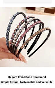Detailed view of five slim non-slip resin headbands with colorful sparkling rhinestones