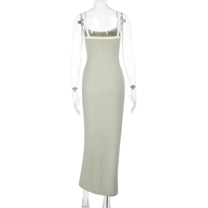 Detail view of sage green knit maxi dress featuring a white contrast strap racerback design