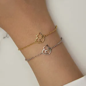 Grazioso bracciale gatto e cuore in argento sterling S925 toni oro e argento donna