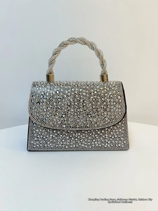 Detailed macro view of the silver rhinestone evening handbag with a twisted metal handle