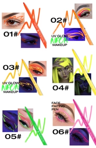 Set de crayons maquillage néon UV montrant six couleurs vives sous lumière noire