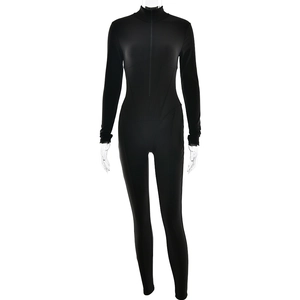 Solid black long sleeve slim fit jumpsuit with stand collar and front half-zipper design