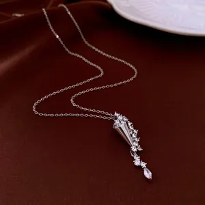 Silver Tone Copper Necklace With Zircon Hourglass Waterdrop Tassel Pendant Elegant Fashion Jewelry For Women