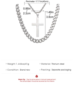 Detail view of double layered titanium steel cross necklace with size and weight specs