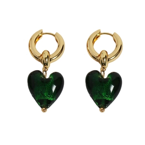 Vintage gold hoop earrings with translucent dark green heart-shaped glass pendants