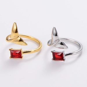 Adjustable fishtail design rings in gold and silver finish with red gemstone inlays