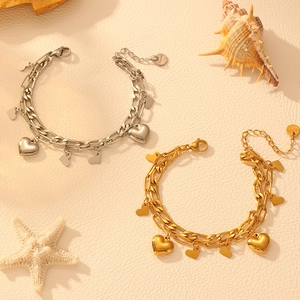 Double-layer 18k gold plated stainless steel heart charm bracelet for women