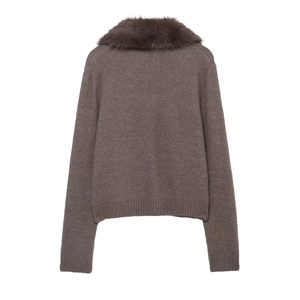 Brown knitted cardigan with dark faux fur collar and ribbed cuffs, back view display