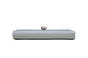 Side view of long grey PU leather wallet featuring gold metal buckle and stitching