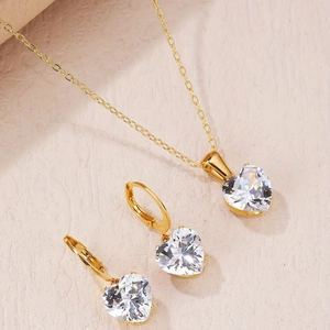 Heart Pendant Necklace And Earrings Stainless Steel Gold Plated White Pink Zircon Elegant Fashion Women Jewelry