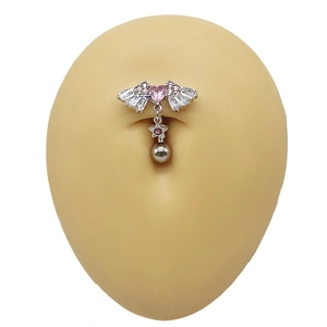 Piercing de nombril avec cœur rose, ailes en cristal et pendentif étoile