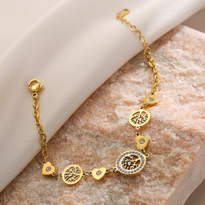 Gold-plated Tree of Life bracelet with heart charm and white zircons on pink quartz
